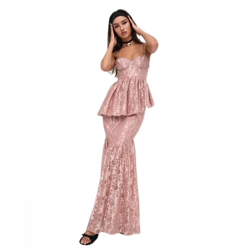 For Love & Lemons Metallic Dusty Rose Lace “Shai Maxi Dress” Rhinestone Details